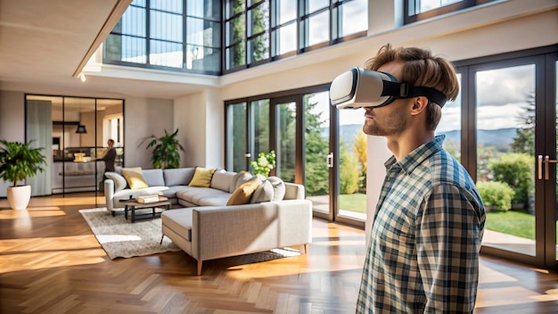 Photo man using virtual reality glasses at home