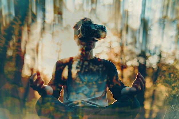 Photo man using virtual reality headset vision pro meditating yoga in lotus pose on the lake