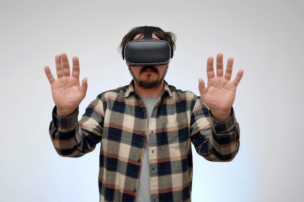 Man using virtual reality headset on white background