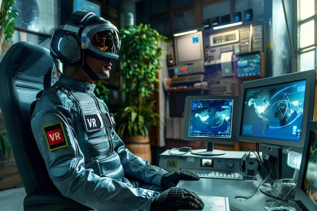 Man using VR in a futuristic cockpit highlighting the integration of advanced technology and profe