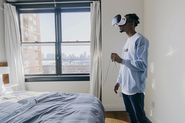 Man using VR headset in a bedroom exploring virtual reality applications in a home setting immers