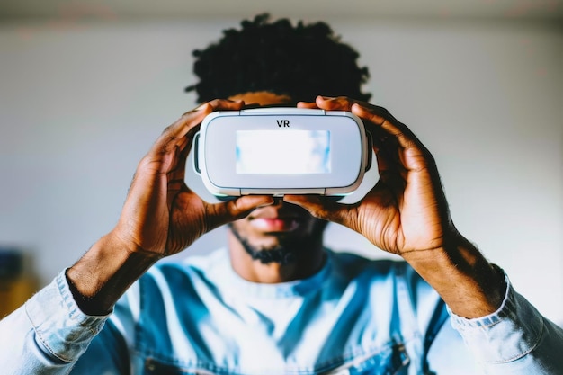 Man using VR headset in a bright room experiencing immersive virtual reality and advanced digital