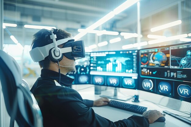 Man using VR headset in a high tech workspace interacting with digital interfaces and exploring ad