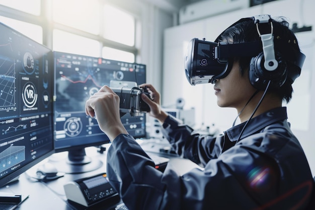 Man using VR headset in a hightech control room illustrating advanced virtual reality technology