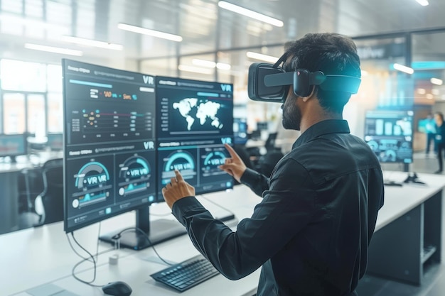 Man using VR headset in a hightech control room illustrating advanced virtual reality technology