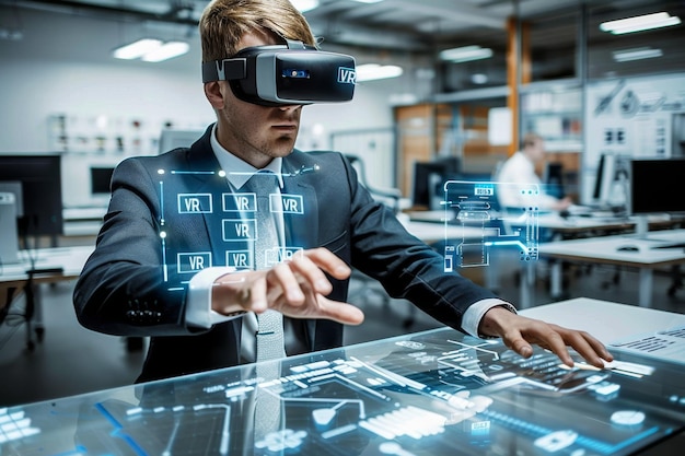 Man using VR headset in a laboratory exploring advanced virtual reality technology for scientific