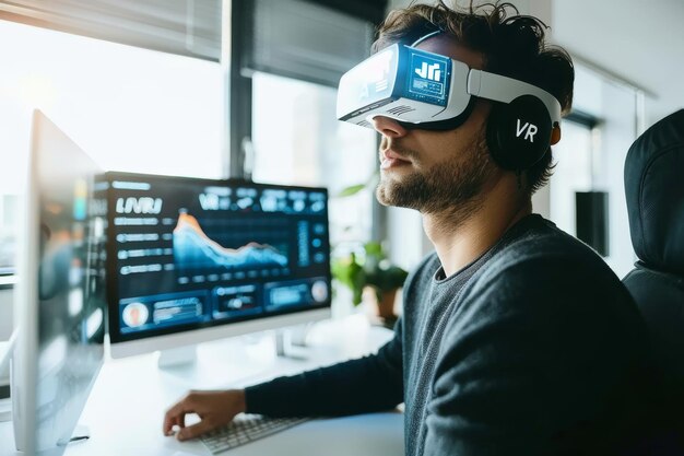 Man using VR headset in a professional setting illustrating advanced virtual reality technology an