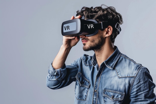 Man using VR in a minimalist setting highlighting the sleek design and advanced technology perfec