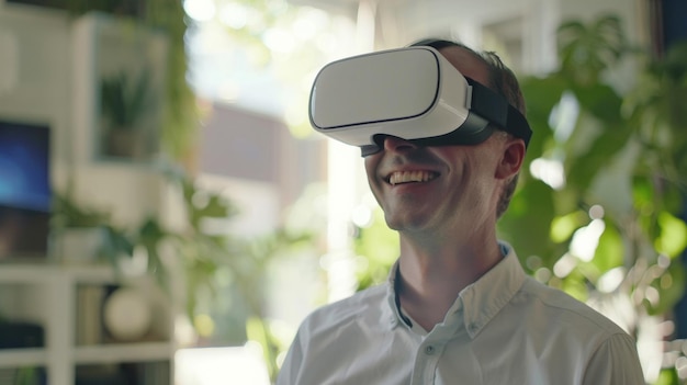 A man ventures into a virtual journey experiencing the wonder of VR innovation smilingly