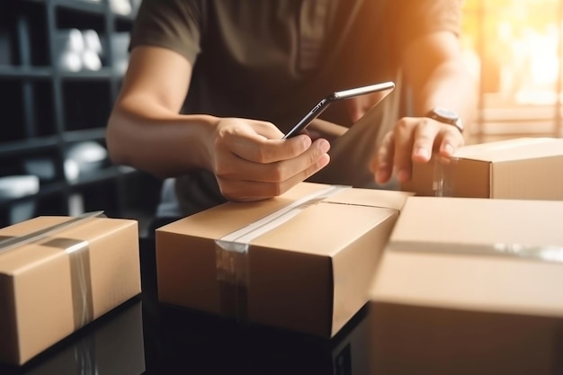 Man verify carton parcel with smartphone Person service connection app business Generate Ai