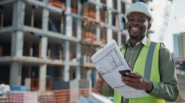 a man in a vest holding a piece of paper with a building in the background