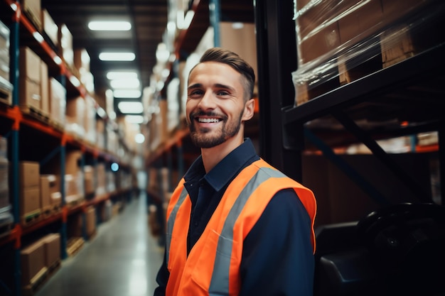 A man in a vest is smiling in a warehouse Happy employees High shelves of the warehouse AI Genera