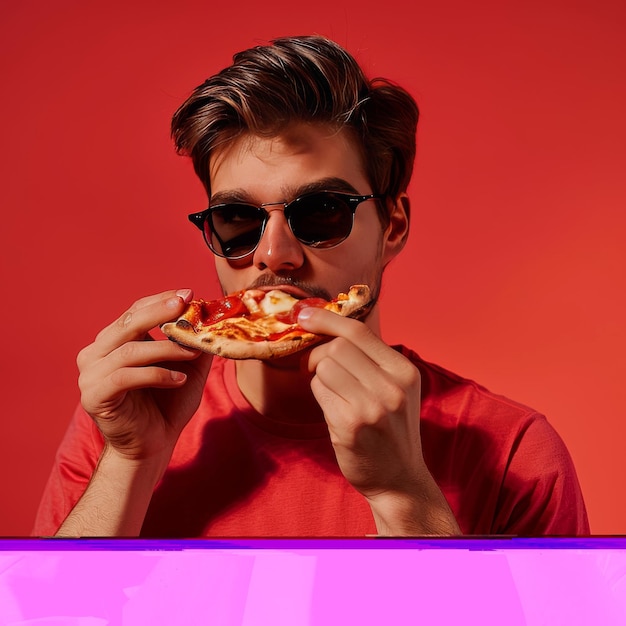 A man in a vibrant red shirt enjoys a slice of pizza with a look of contentment