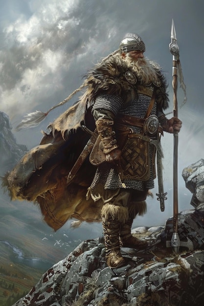 A man in a Viking costume is standing on a mountain with a spear in his hand