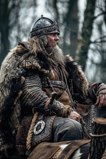 A man in a Viking costume sits on a horse