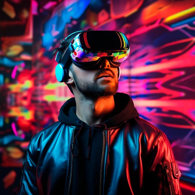 Man in virtual glasses photo neon background