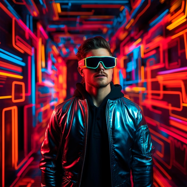 Man in virtual glasses photo neon background