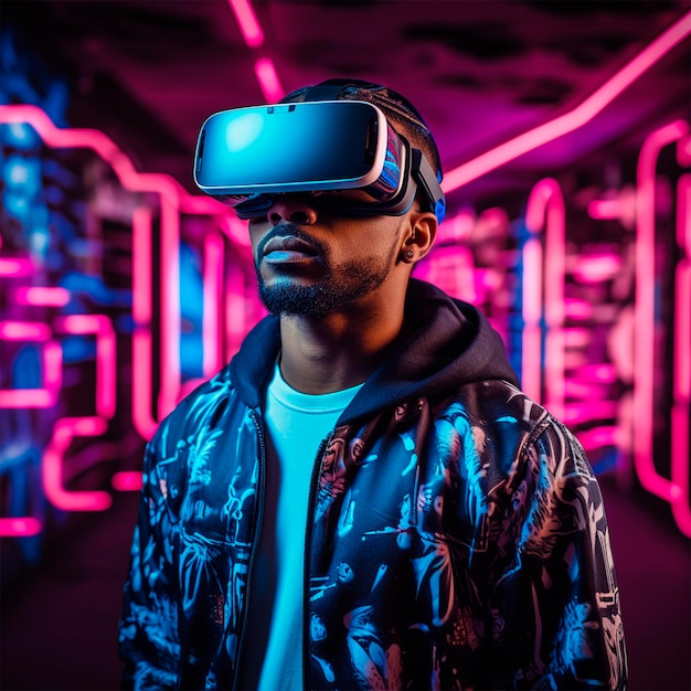 Man in virtual glasses photo neon background