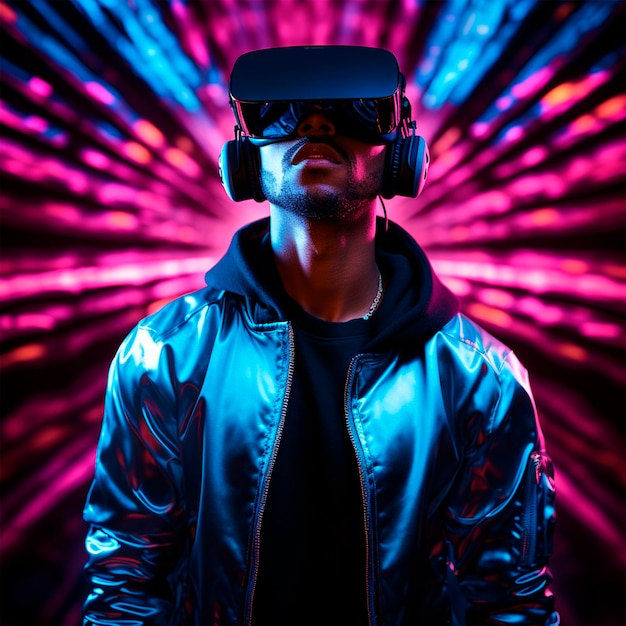 Man in virtual glasses photo neon background