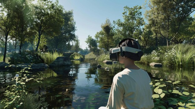 Man in virtual reality headset by river