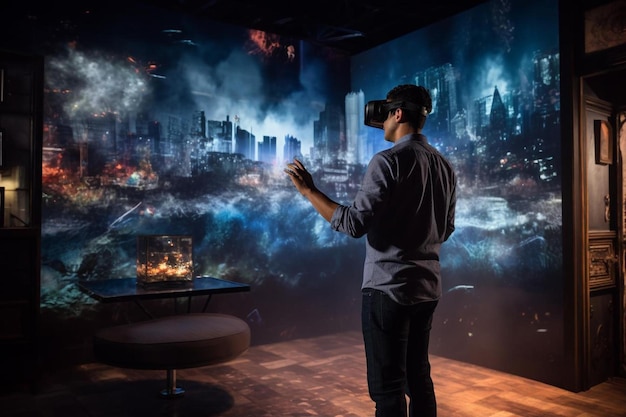 Photo a man in virtual reality headset in a dark room with a city in the background.