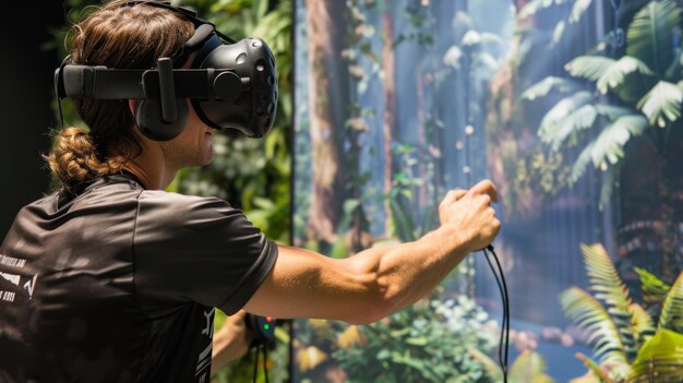 Man in Virtual Reality Headset in Front of Wall of Plants