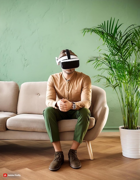 Photo a man virtual reality headset is in a living room with a plant on the wall watching with vr goggles