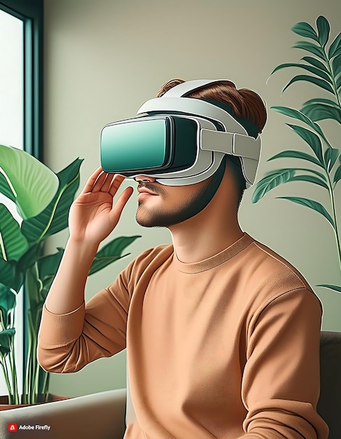 A man virtual reality headset is in a living room with a plant on the wall Watching with VR goggles