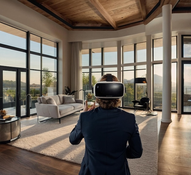 Photo a man in a virtual reality headset looks through a window