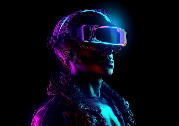 Man in a virtual reality headset and with glowing neon lines Ai generated