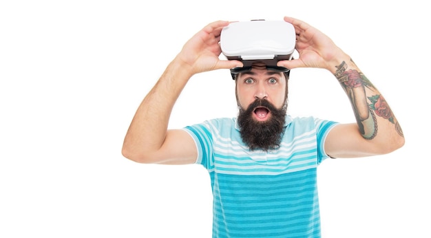 Photo man in virtual reality isolated on white banner man in virtual reality at studio