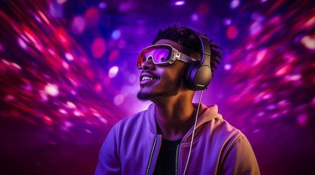 a man in virtual reality that is wearing headphones