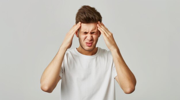 man in visible distress with his eyes tightly shut and hands pressed against his temples suggesting he is experiencing a severe headache or migraine