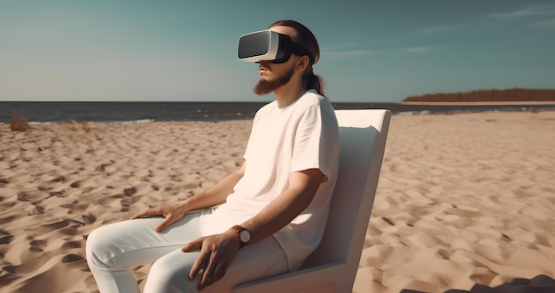 Man in VR glasses or a virtual reality headset is relaxed sitting in an armchair on the beach by the