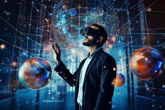 Man in VR Glasses with Global Internet Connection Generative AI