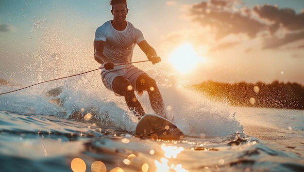 Man Wakeboarding at Sunset