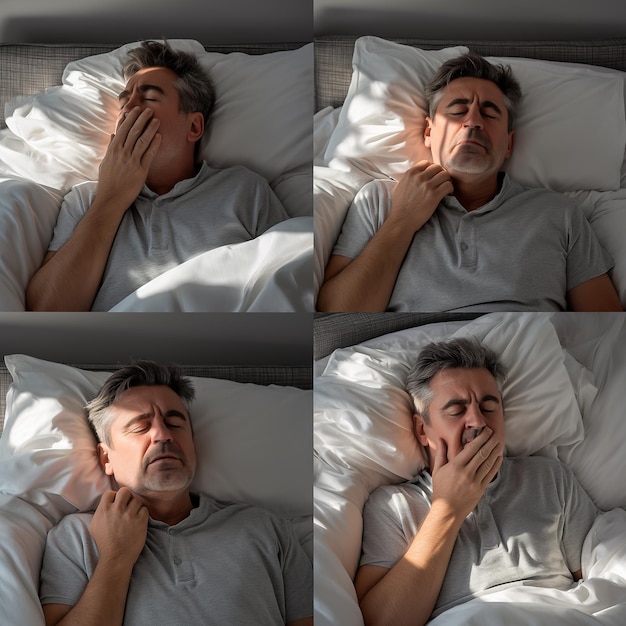 Photo a man waking up in bed 4 panel grid realistic