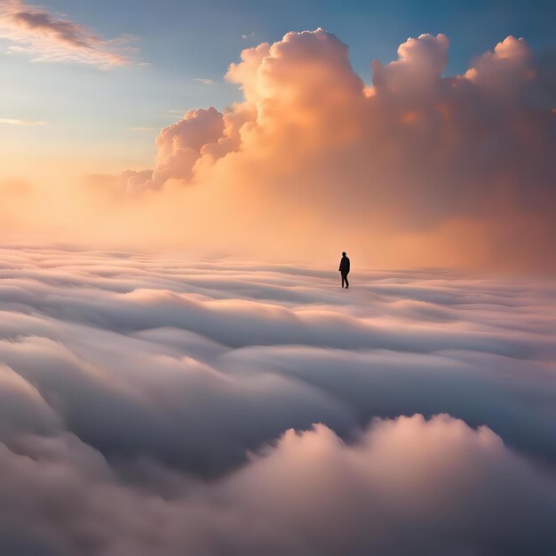 Photo man walking across the clouds