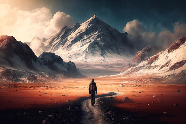 Man walking all around the world Alone mountains background Generative AI