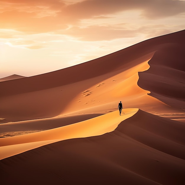 A man walking alone on the desert with the blue sky view Generative ai