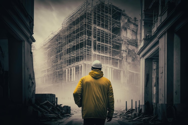 Man walking along construction site and looking at scaffolding near building created with generative