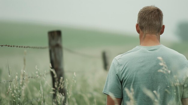 Photo man walking along a fenced field in a misty landscape