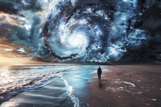 Man Walking On Beach Under Starry Sky