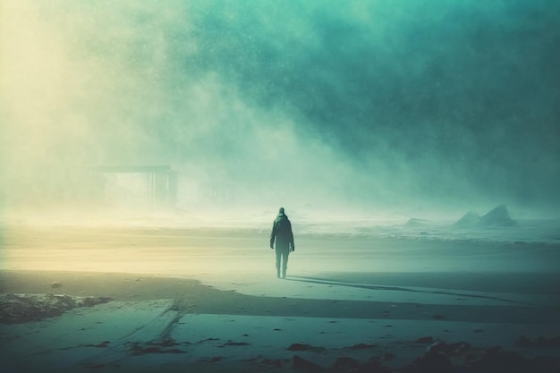 A man walking on a beach with a foggy sky in the background.