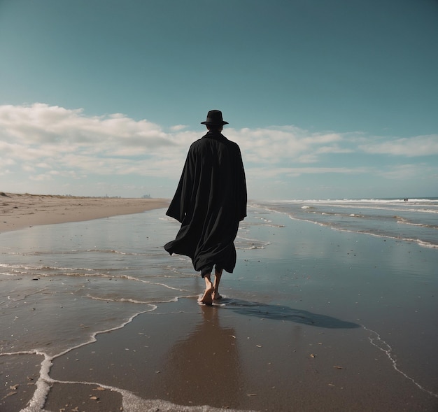 a man walking on the beach with a hat on his head