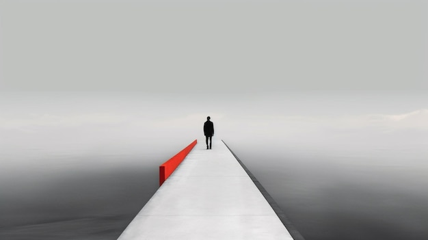 A man walking on a bridge in the fog