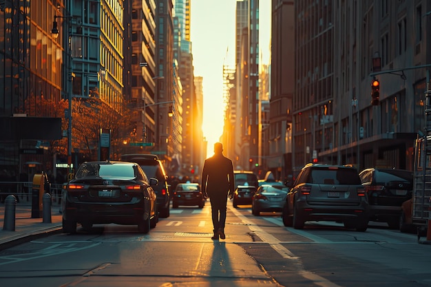 Man walking on busy city street at twilight image