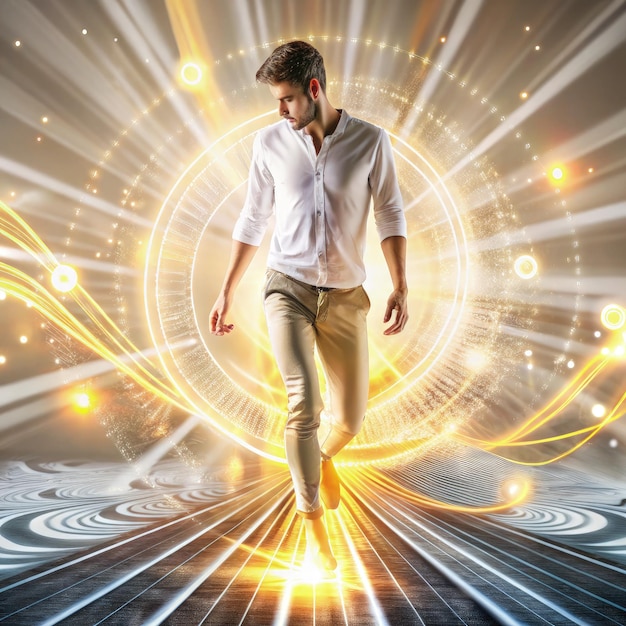 Photo a man walking confidently on a glowing path with dynamic light and modern elements generative ai