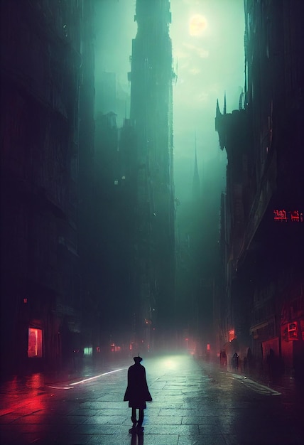 Man walking in a cyberpunk city at night Digital painting of a futuristic environment Neon lightsDystopic urban wallpaperAI Neural Network Computer Generated Art