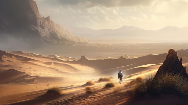 A man walking in the desert with mountains in the background